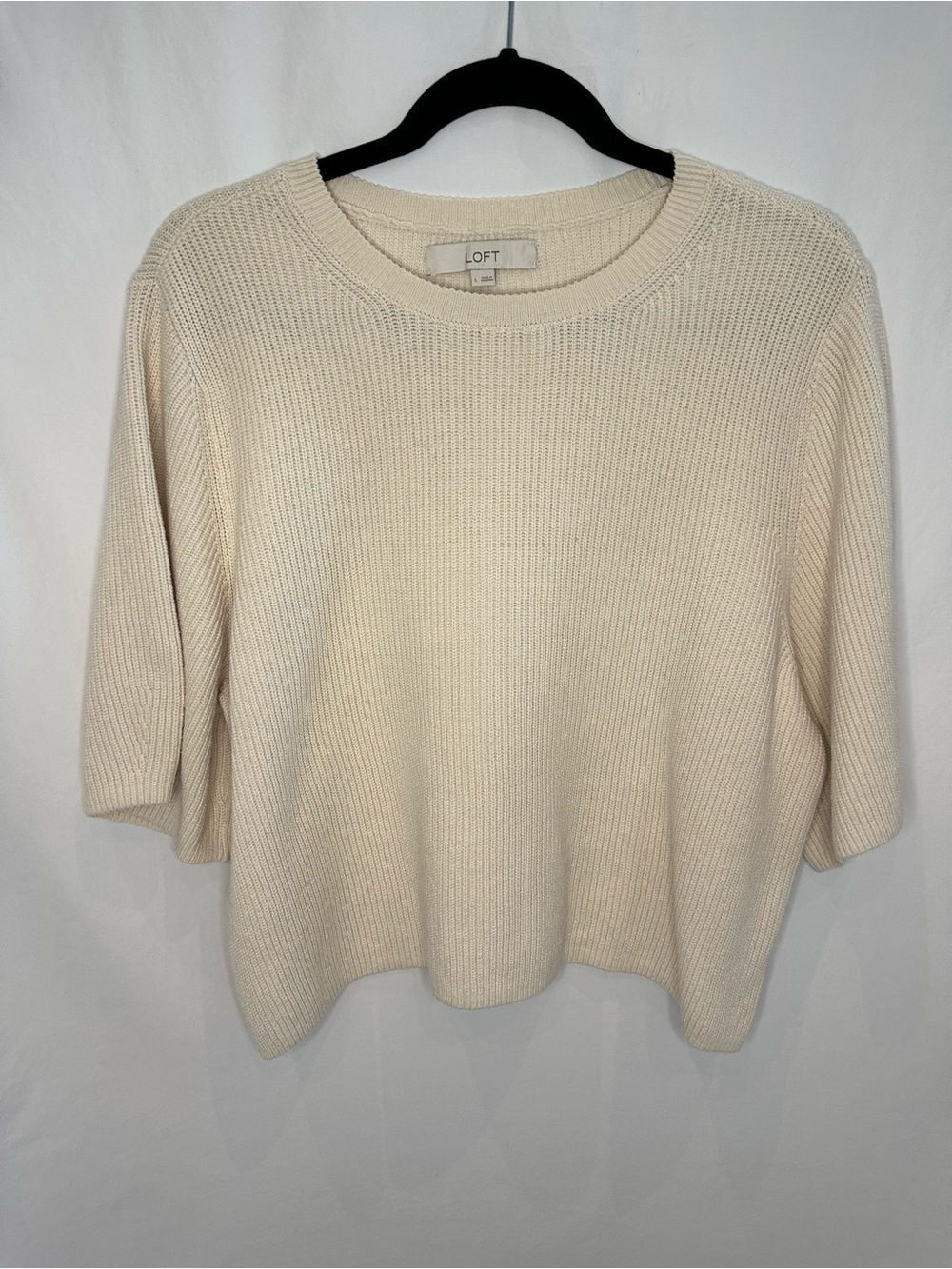 LOFT Cream Short Sleeve Ribbed Crewneck Sweater